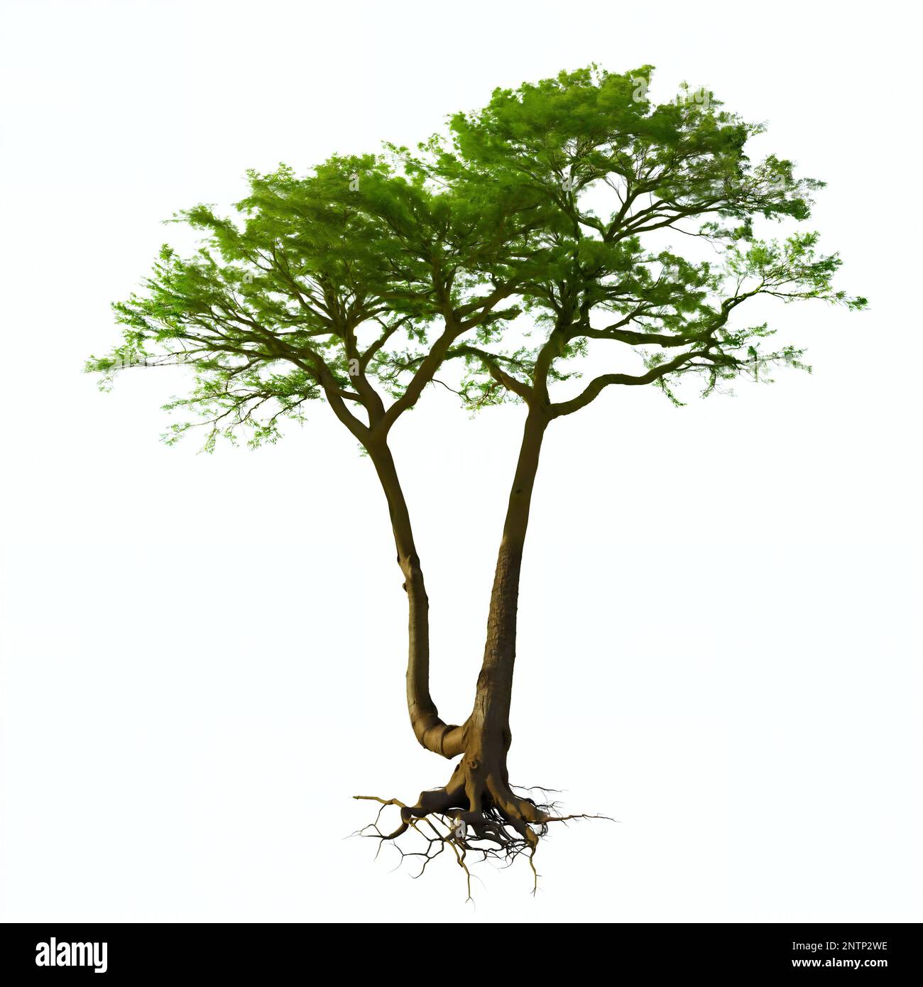 arbre, grande plante avec racines et feuillage, isolé sur fond blanc Banque D'Images