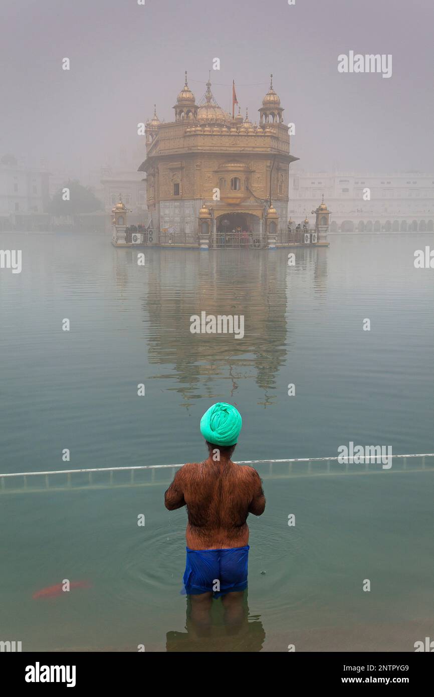 Pilgrim se baigner dans le bassin sacré Amrit Sarovar, Golden Temple, Amritsar, Punjab, India Banque D'Images