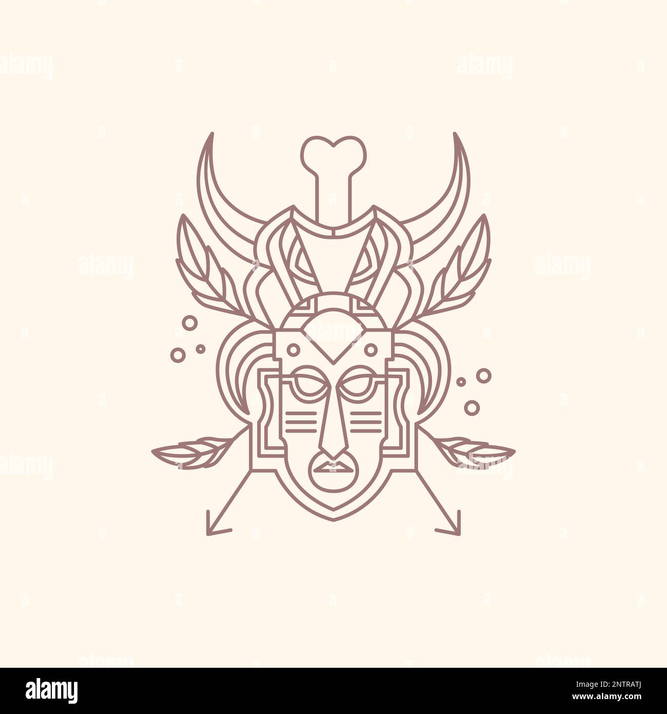 masque tribu culture bois forêt nature feuilles os corne flèches ligne minimal logo design vecteur Illustration de Vecteur