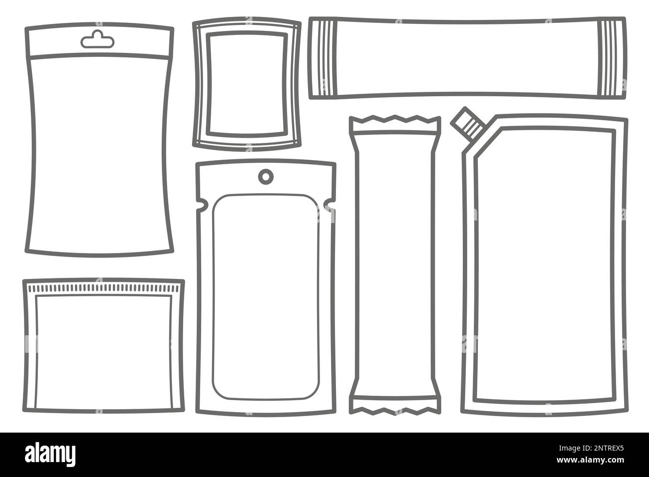 Sachets et pochettes icônes. Bâtonnets en plastique et en papier pour poudre, sucre, médicaments, sauce et café avec fermeture à glissière. Ensemble de vecteurs Illustration de Vecteur