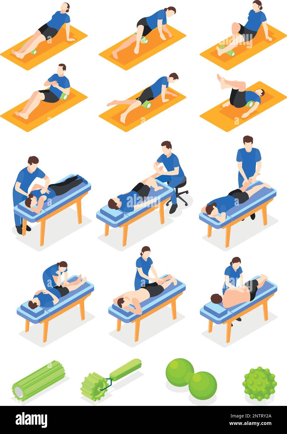 Jeu d'icônes isométriques à libération myofasciale avec rouleaux de massage et illustration vectorielle isolée par des thérapeutes professionnels Illustration de Vecteur