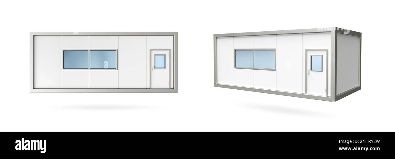Bâtiments de bureaux mobiles blancs ou bureau de chantier de conteneurs pour le chantier de construction. Conteneur d'expédition blanc isolé sur fond blanc. Maison portable an Banque D'Images