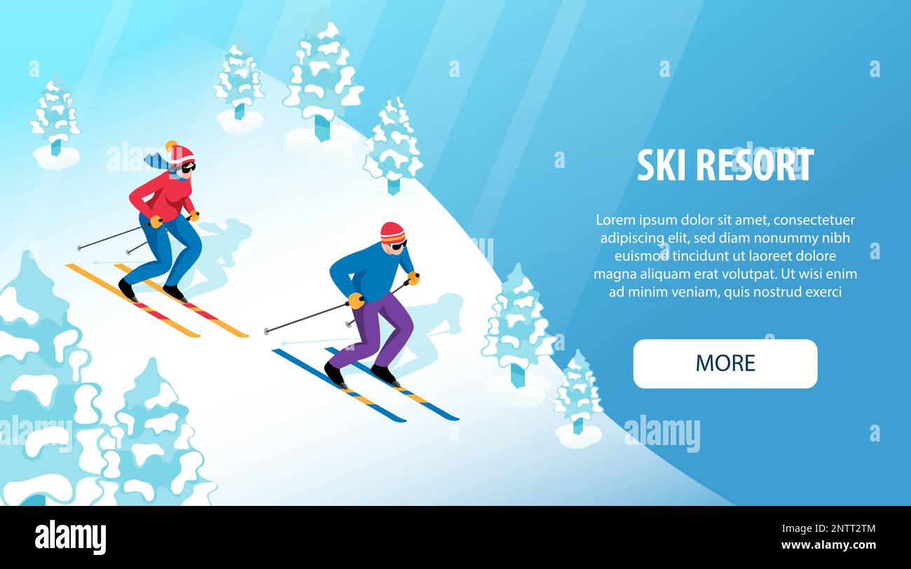 Bannière horizontale isométrique de station de ski avec des sportifs qui voyagent sur une colline enneigée illustration vectorielle Illustration de Vecteur