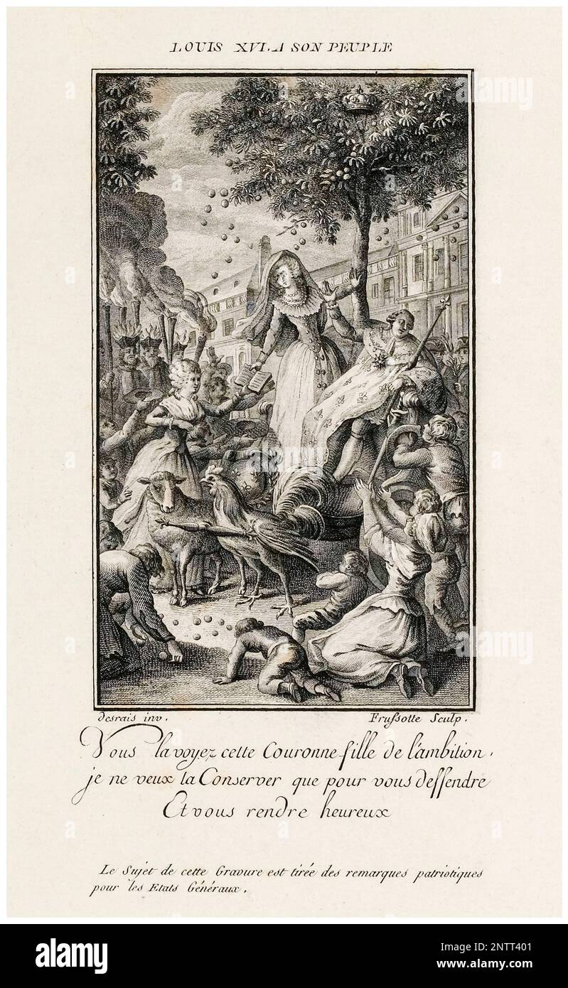 Olympe de gouges remet à Marie-Antoinette et Louis XVI son œuvre littéraire "Déclaration des droits de la femme et du citoyen féminin", gravure de Frussotte d'après Claude-Louis Desrais, 1791 Banque D'Images