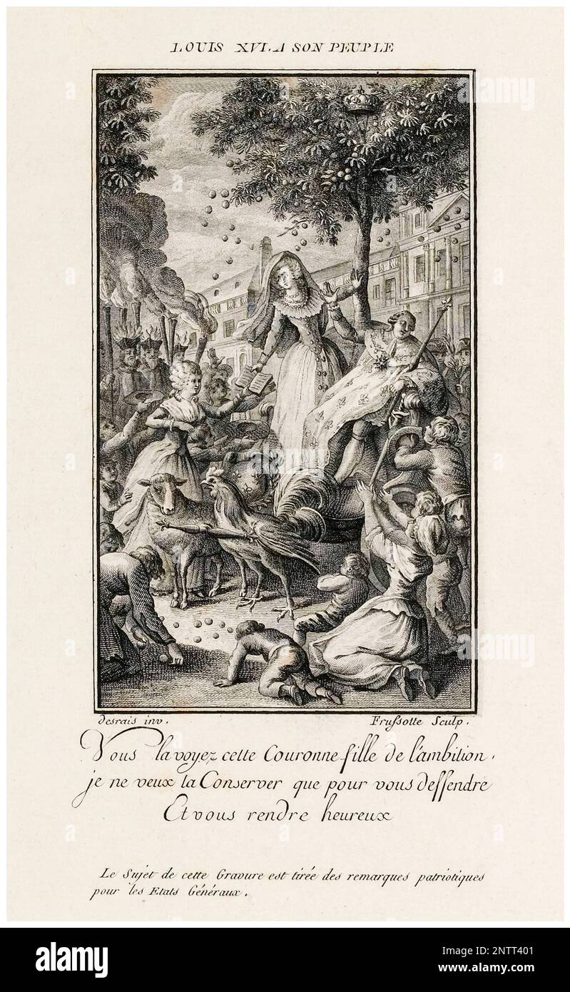 Olympe de gouges remet à Marie-Antoinette et Louis XVI son œuvre littéraire "Déclaration des droits de la femme et du citoyen féminin", gravure de Frussotte d'après Claude-Louis Desrais, 1791 Banque D'Images Olympe de gouges remet à Marie-Antoinette et Louis XVI son œuvre littéraire "Déclaration des droits de la femme et du citoyen féminin", gravure de Frussotte d'après Claude-Louis Desrais, 1791 Banque D'Images