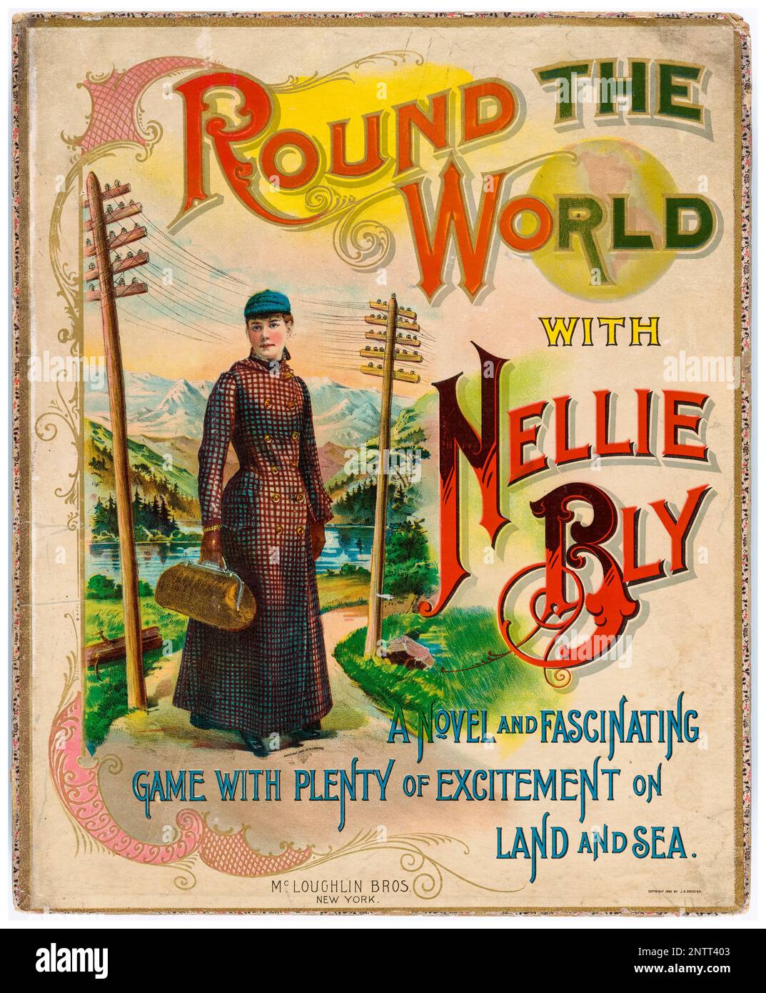 Tour du monde avec Nellie Bly, couverture de jeu de société, peinture par JA Grozier, d'après HA Mayers, vers 1890 Banque D'Images