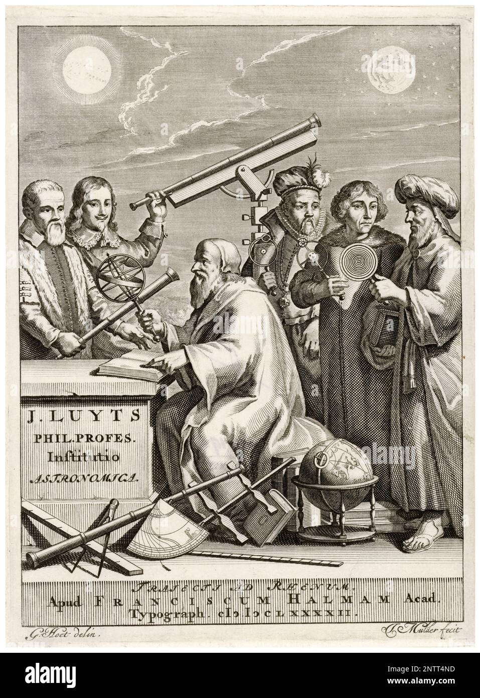 Les astronomes Galileo Galilei, Johannes Hevelius, Tycho Brahe, Nicholas Copernicus et Claudius Ptolémée se dressent autour de l'Hipparchus, fondateur classique de l'astronomie, gravure de Joseph Mulder après Gerard Hoet, 1692 Banque D'Images