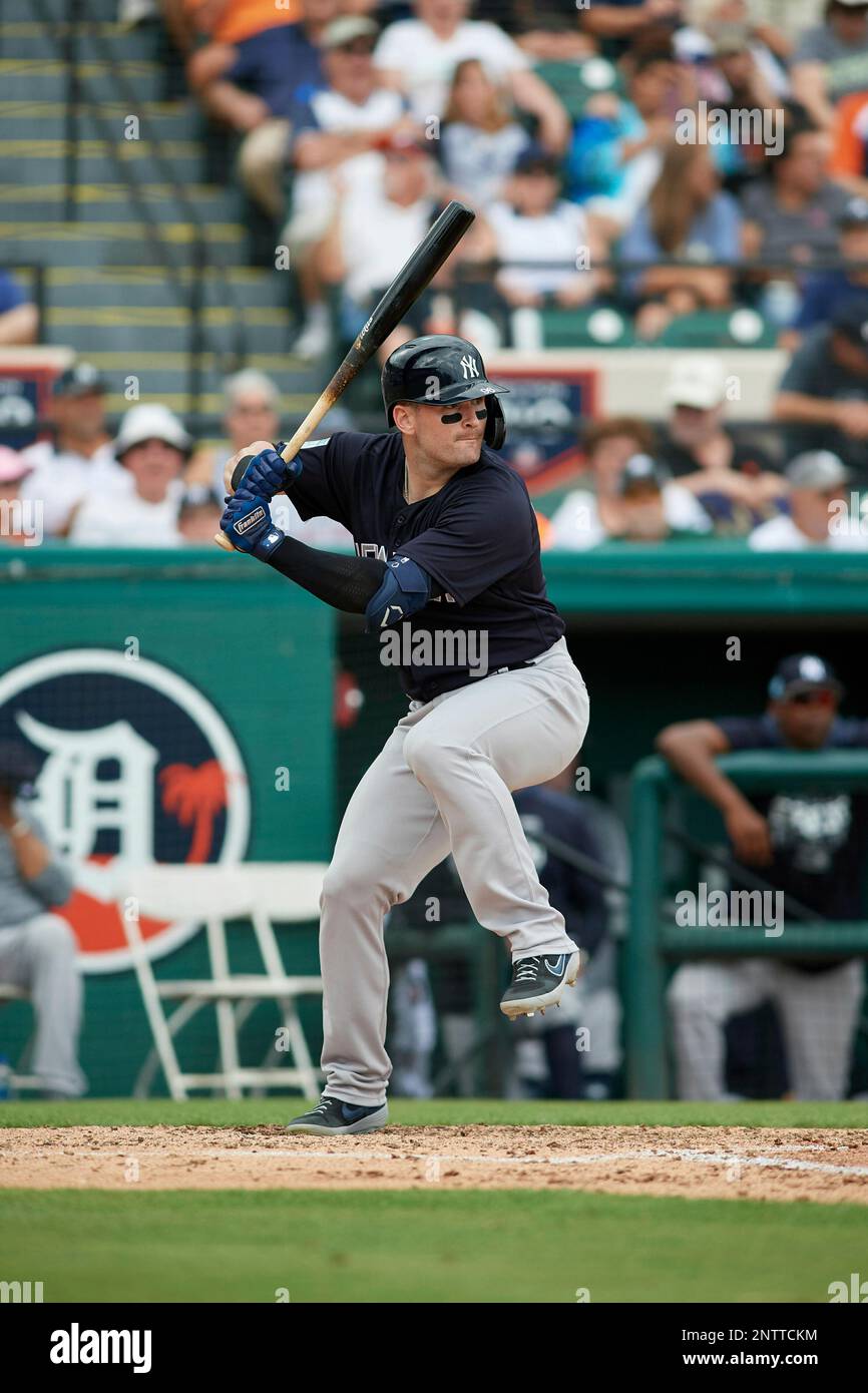 New York Yankees right fielder Matt Lipka (96) at bat during a Grapefruit League Spring Training game against the Detroit Tigers on February 27, 2019 at Publix Field at Joker Marchant Stadium in Lakeland, Florida. Yankees defeated the Tigers 10-4 as the game was called after the sixth inning due to rain. (Mike Janes/Four Seam Images via AP) Banque D'Images