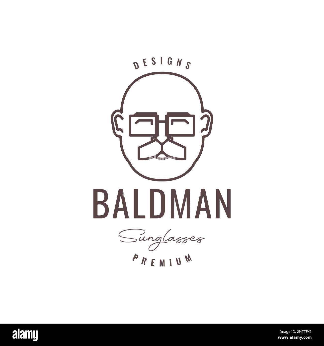 dessin animé sourire vieux homme tête chauve lunettes de soleil moustache ligne hipster logo design vecteur Illustration de Vecteur