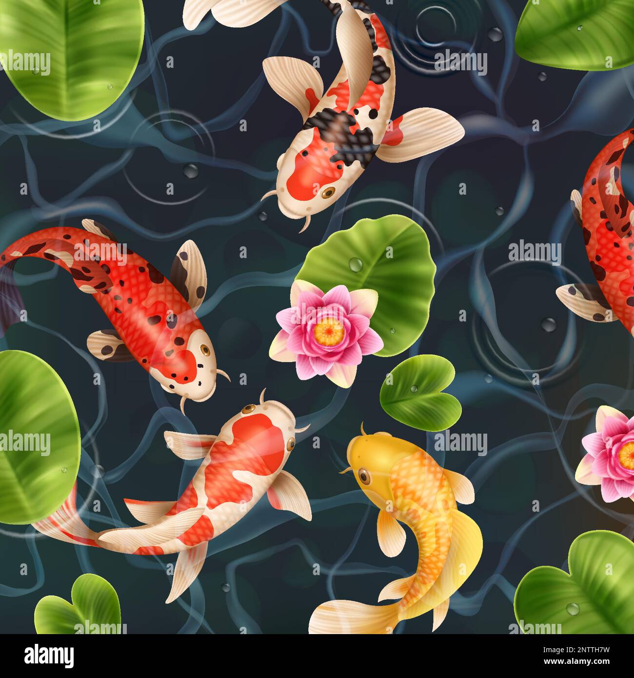 Arrière-plan réaliste de poissons koï avec vue de dessus de lac avec poissons flottants et fleurs avec illustrations vectorielles de feuilles Illustration de Vecteur
