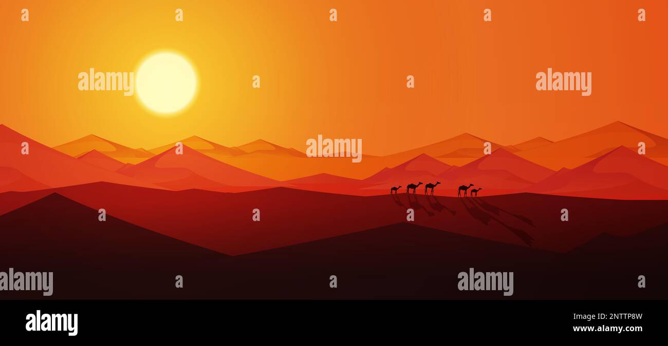 Composition de chameaux du désert avec paysage horizontal de coucher de soleil dans les sables avec silhouettes de l'illustration du vecteur de cerelle de chameau de marche Illustration de Vecteur