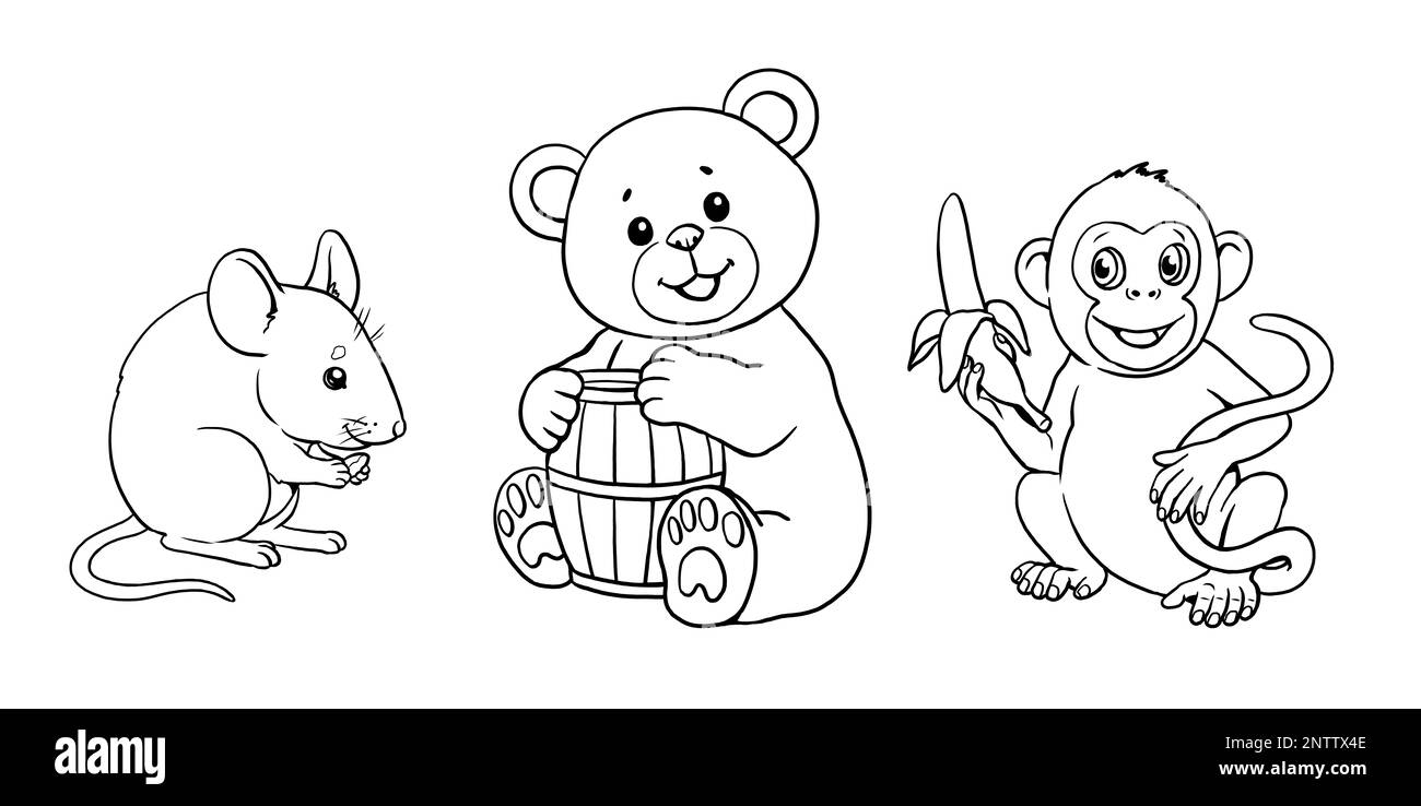 Souris, ours en peluche et singe à colorer. Modèle pour un livre de coloriage avec des animaux amusants. Modèle de coloriage pour enfants. Banque D'Images