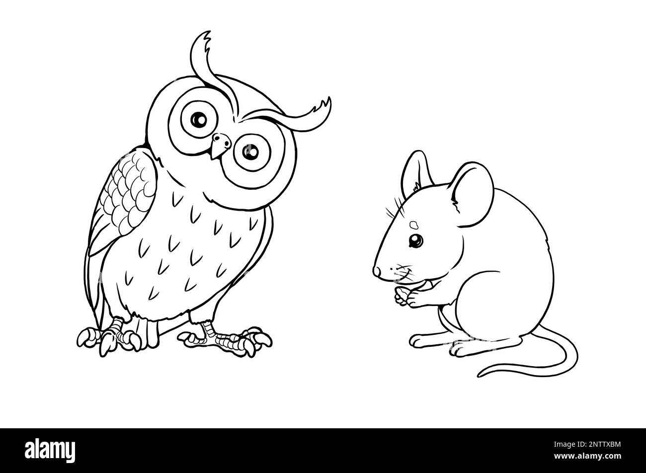 Souris et hibou à colorer. Modèle pour un livre de coloriage avec des animaux amusants. Modèle de coloriage pour enfants. Banque D'Images