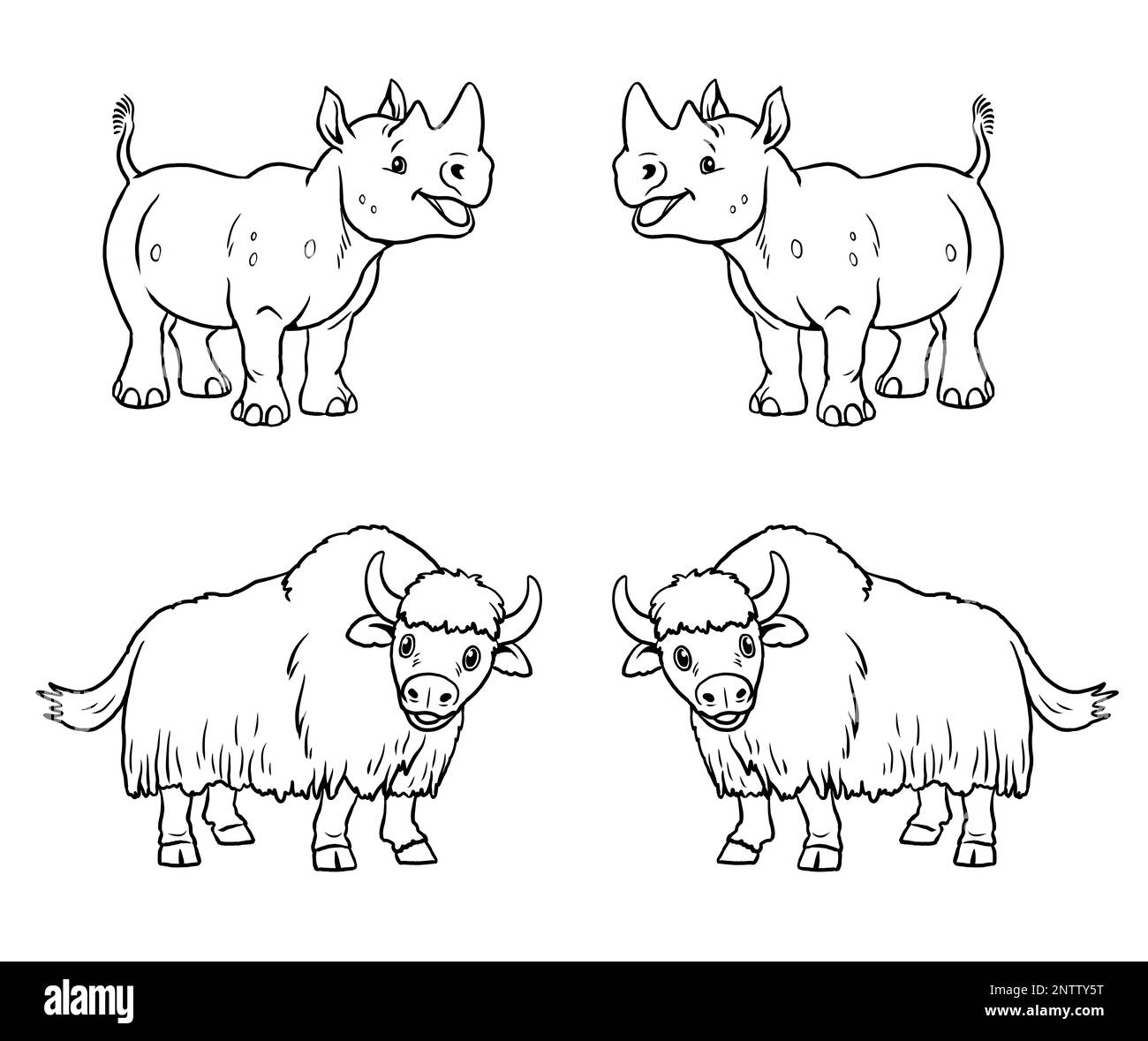 Mignons rhinocéros et yak à colorer. Modèle pour un livre de coloriage avec des animaux amusants. Modèle de coloriage pour enfants. Banque D'Images