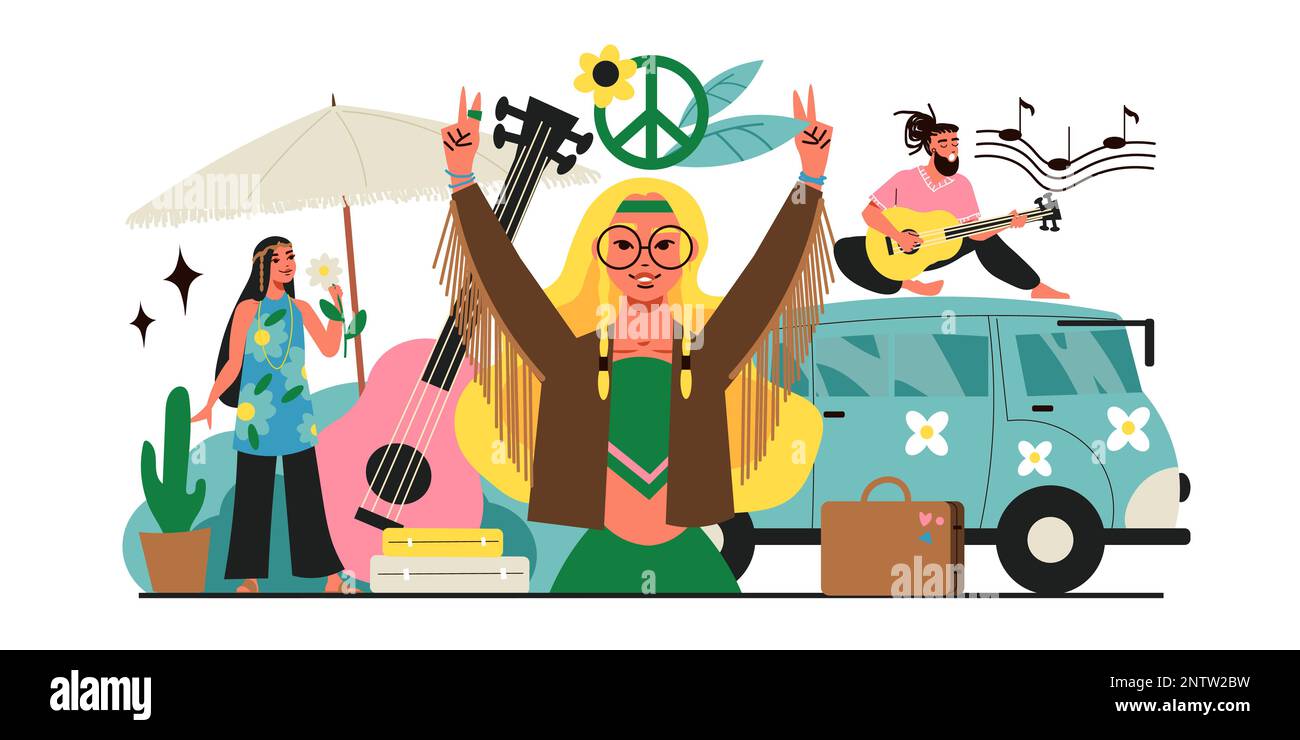Composition plate hippie avec illustration vectorielle des symboles de paix et de musique Happy People Illustration de Vecteur