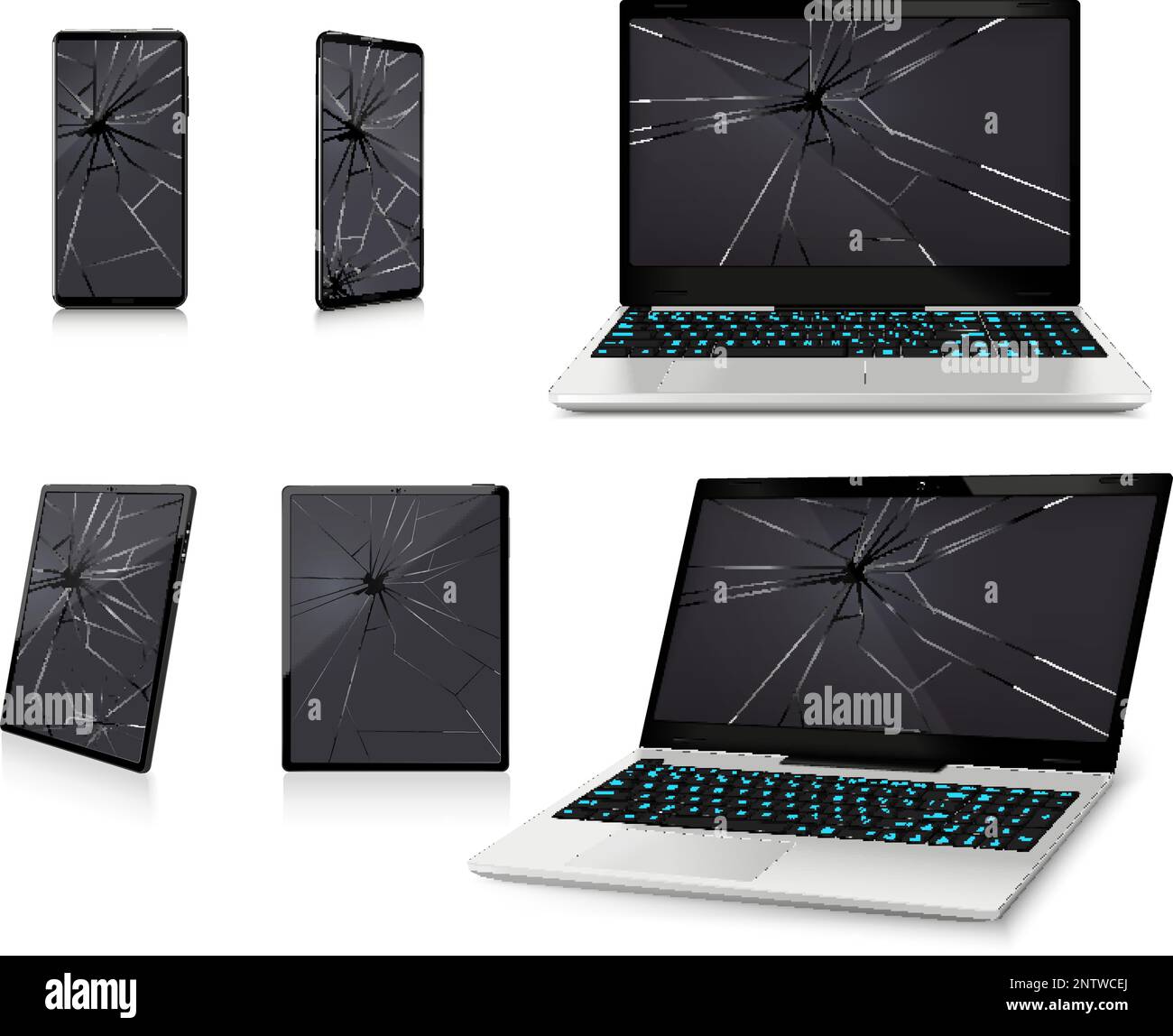 Téléphones intelligents cassés ensemble de blocs-notes avec des images isolées réalistes de téléphones et d'ordinateurs portables avec trous dans l'écran illustration vectorielle Illustration de Vecteur