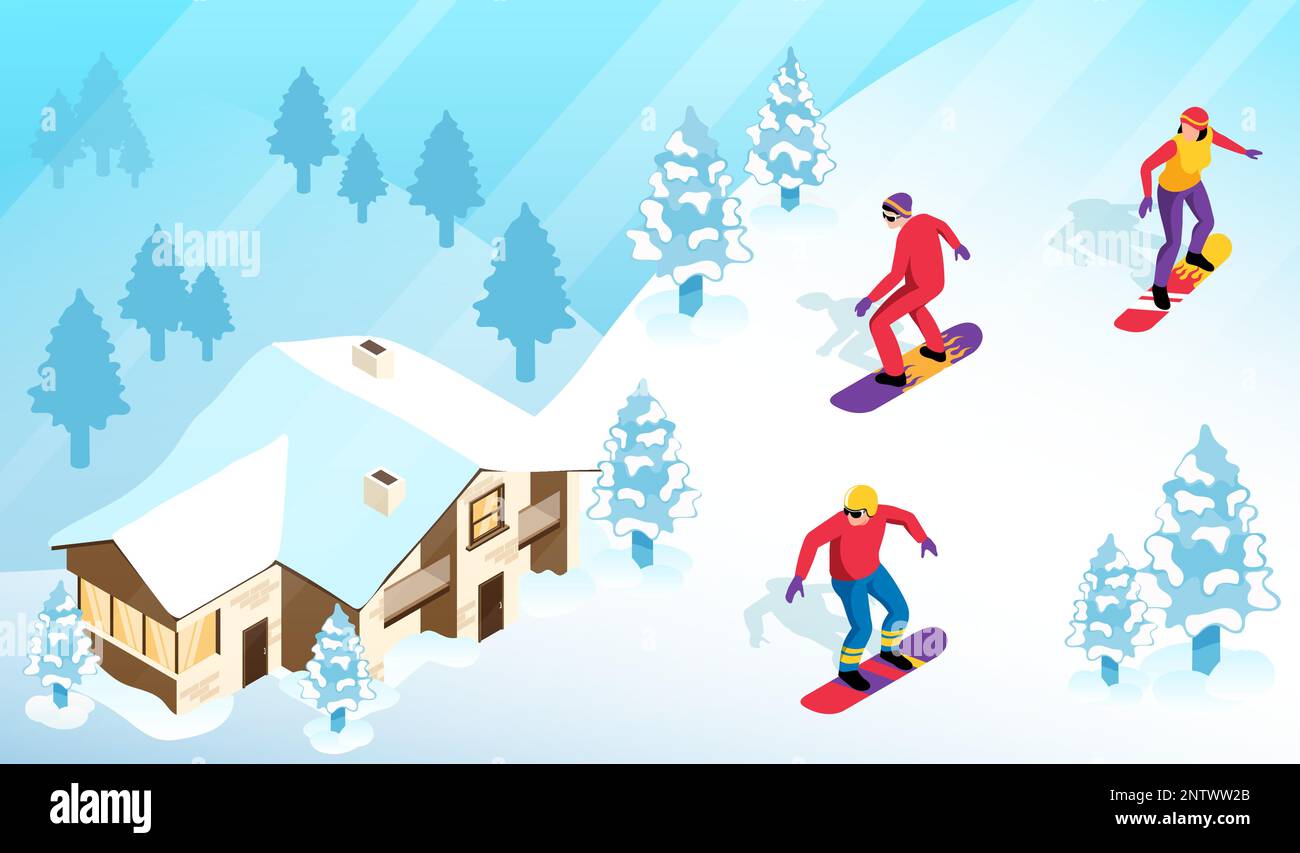Concept de station de ski isométrique avec bordures de neige sur une colline enneigée et maison alpine sur fond d'illustration vectorielle Illustration de Vecteur