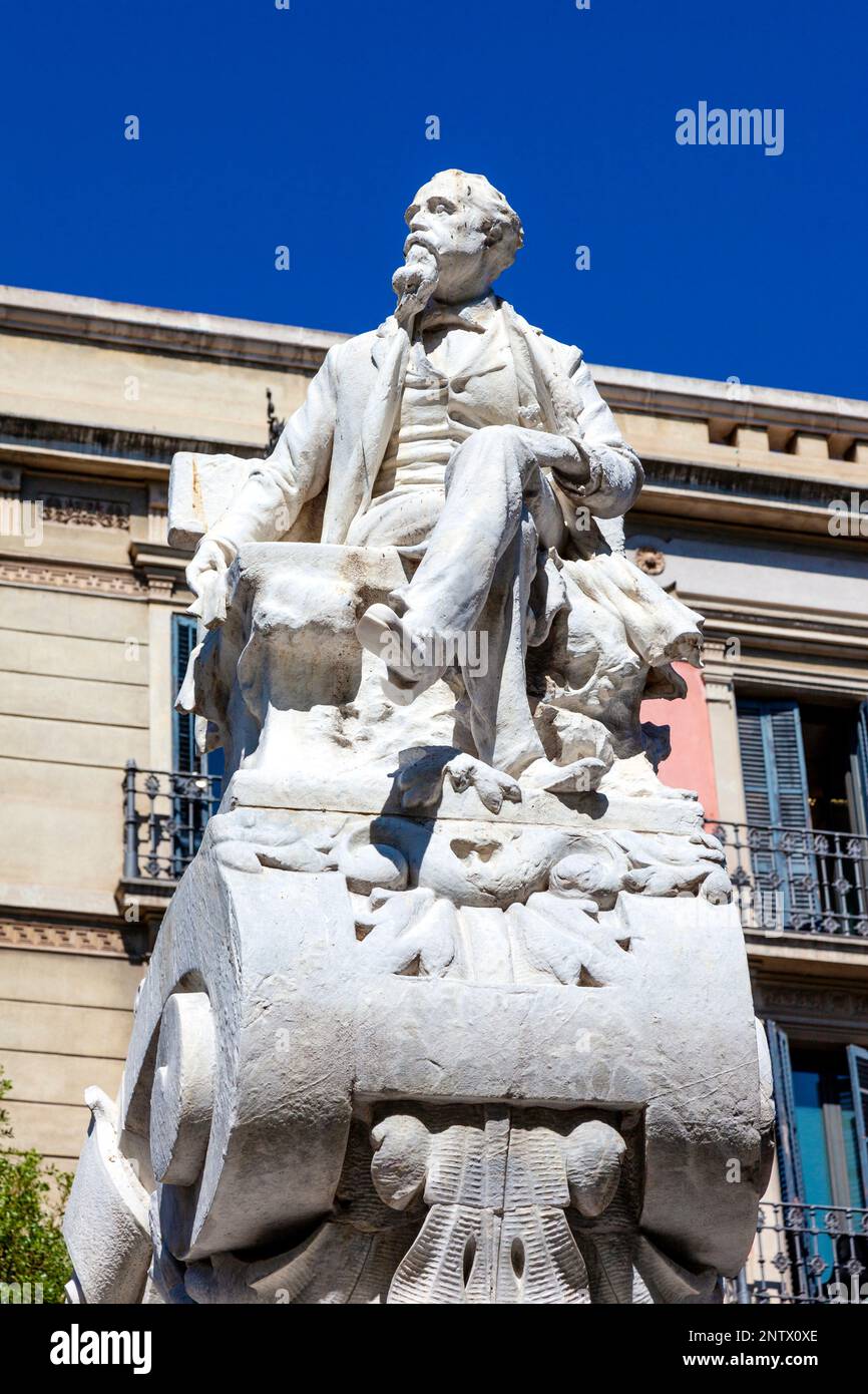 Monument du dramaturge catalan Frederic Soler à la Rambla, Barcelone, Catalogne, Espagne Banque D'Images