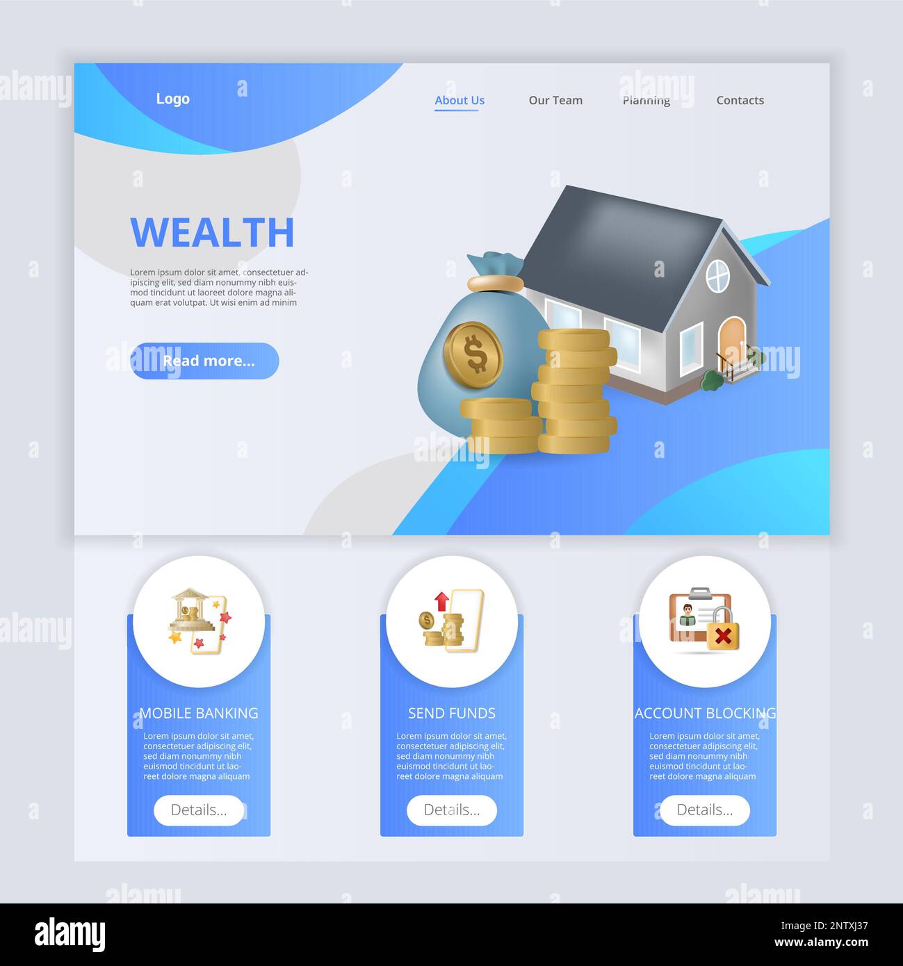 Modèle de site Web de la page d'arrivée Wealth. Services bancaires mobiles, économiser des fonds, blocage de compte. Bannière Web avec en-tête, contenu et pied de page. Vecteur Illustration de Vecteur