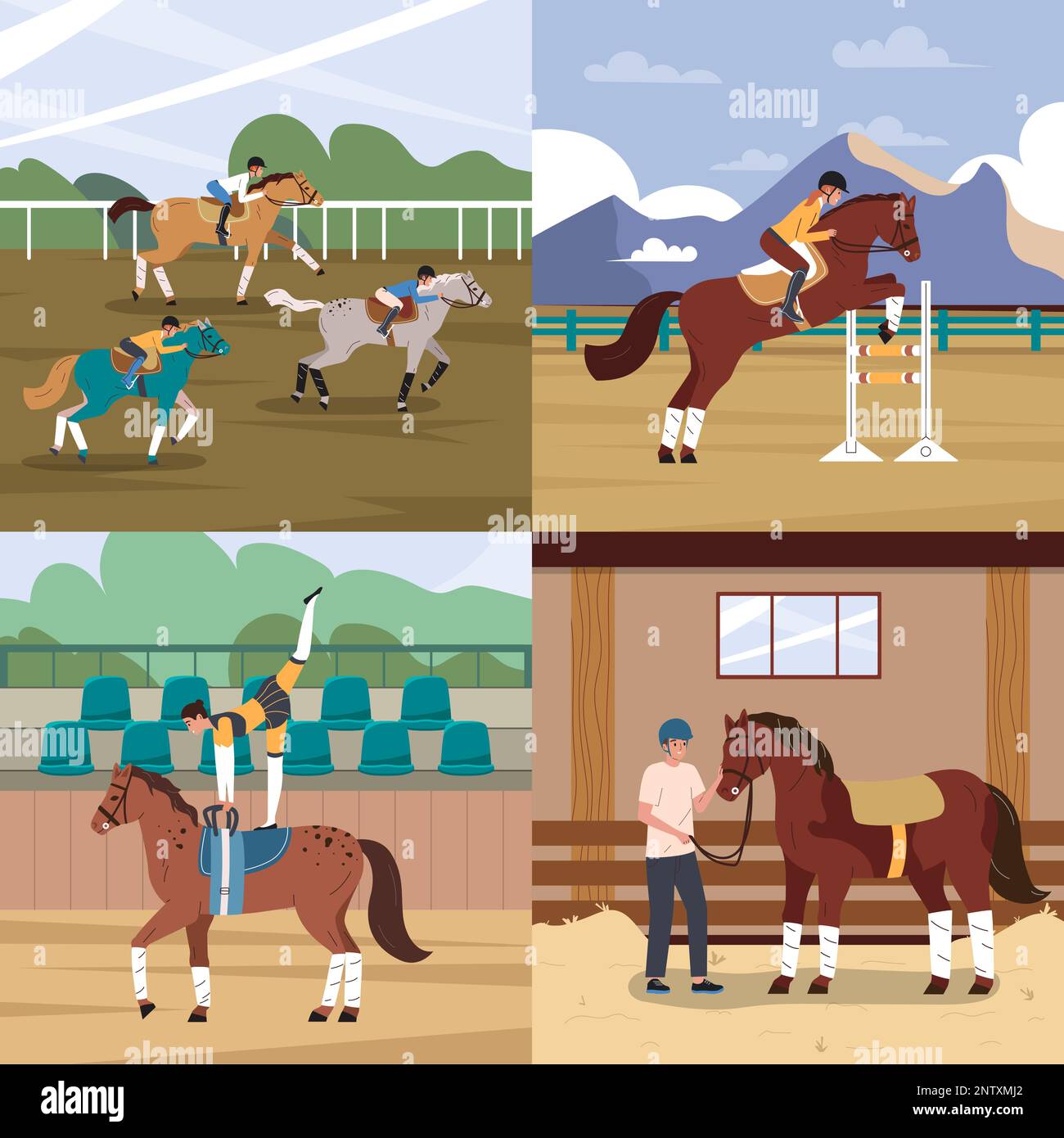 Jeu plat de sport de cheval 2x2 avec des personnes qui s'intéressent à l'animal et pratiquant l'équestrianisme illustration de vecteur isolé Illustration de Vecteur