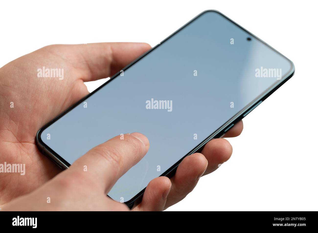 Touchez l'écran du smartphone avec un seul doigt, vue rapprochée isolée Banque D'Images