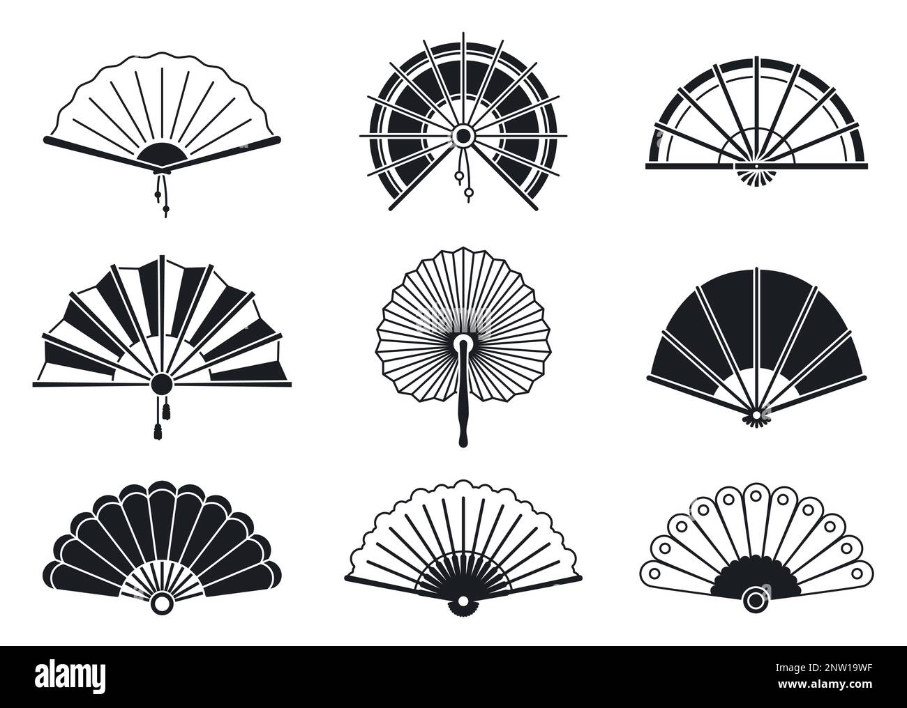 Silhouettes noires de chinois, japonais papier pliage des fans de main Illustration de Vecteur