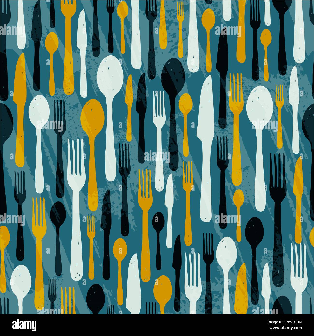 Ensemble d'outils de cuisine à couverts motif sans couture. Ustensiles de cuisine fourchette, couteau, cuillère en forme de doodle sur fond bleu gringe. Silverware vecteur Ill Illustration de Vecteur