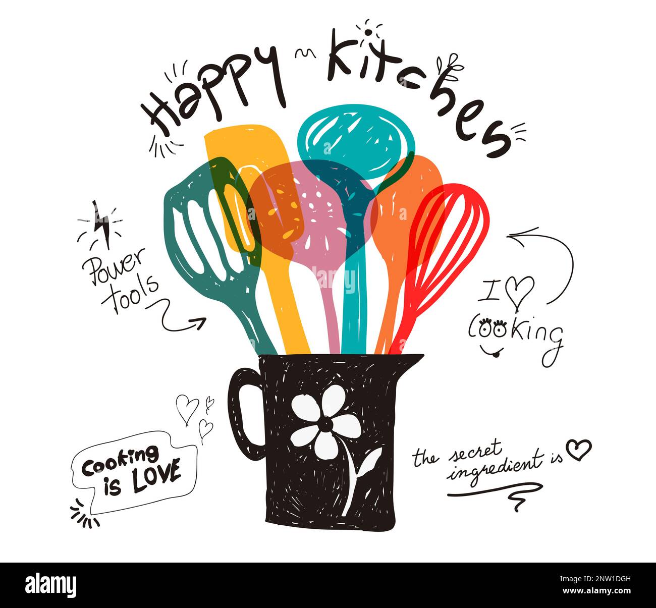 Divers ustensiles de cuisine dans un style coloré transparent Doodle à l'intérieur d'un pot noir sur fond isolé. Bonne cuisine et j'aime la citation de cuisine dans han Illustration de Vecteur