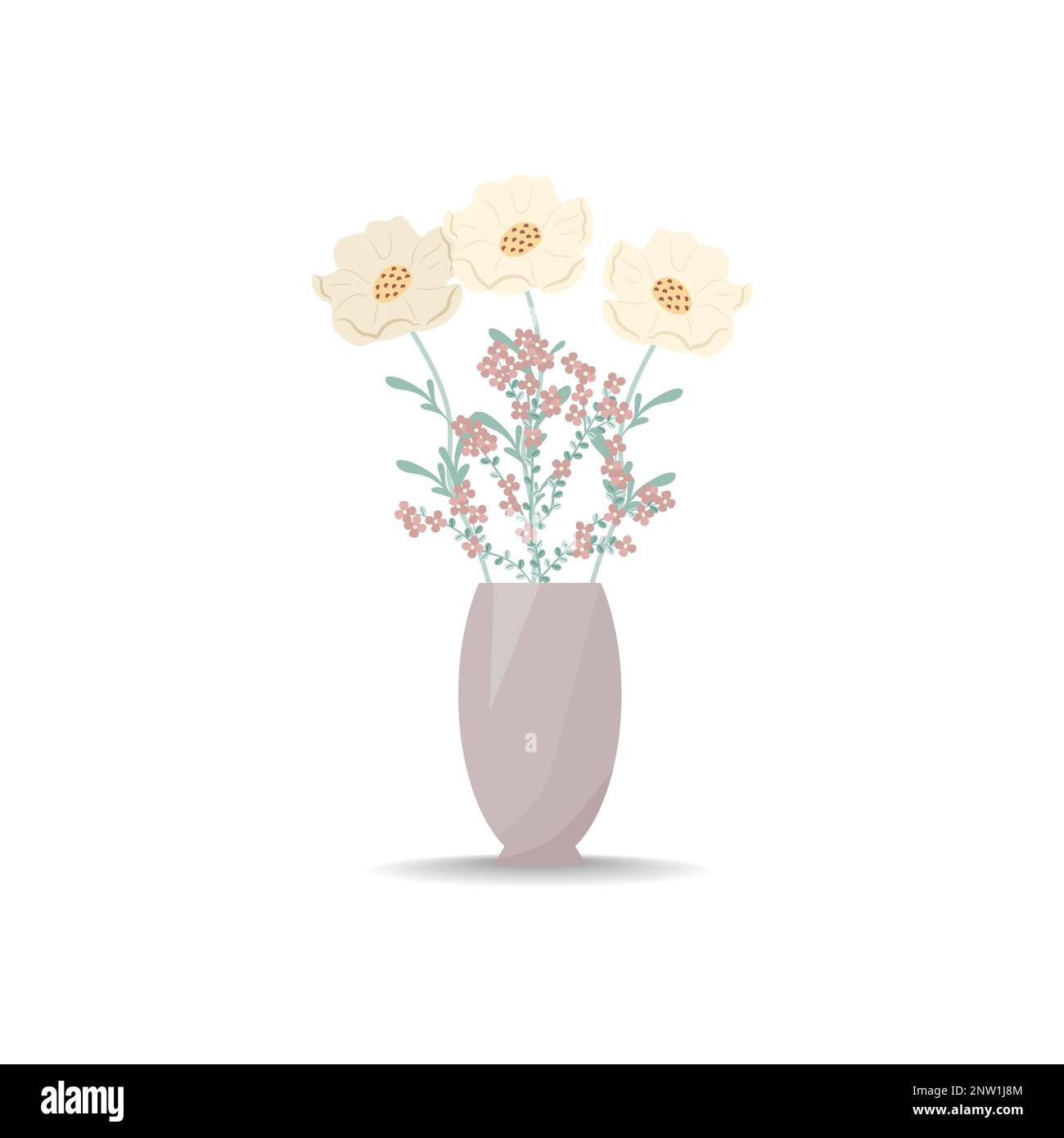 Bouquet de fleurs dans un vase. Coquelicots blancs. Illustration vectorielle de style plat, boho. Fleurs de la carnation en fleurs, feuilles décoratives Illustration de Vecteur