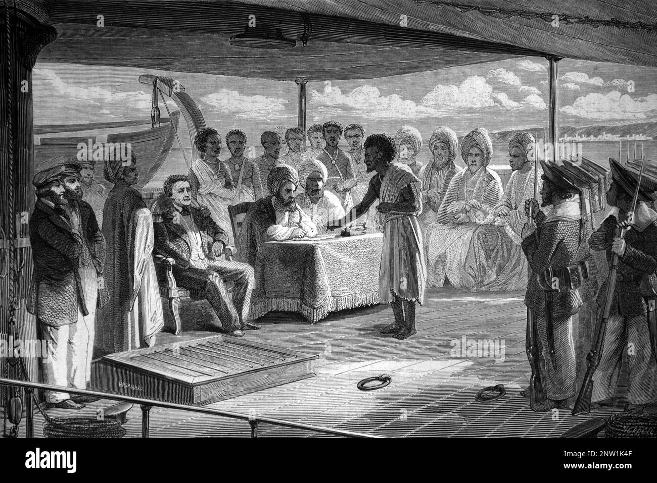 Dépôt de la déclaration de témoin d'Abdul Ahy devant le Cadi de Zeila, alias Zaila ou Zayla, Somaliland et commandant naval français Alphonse Fleuriot de Langle (1809-1881) à la suite de l'assassinat d'Henri Lambert (1828-1859), explorateur français, consul et marchand, près de l'île Moucha dans le golfe de Tajourra Djibouti. Lambert a été tué par des bandits ou des pirates probablement sur les ordres d'Ali Shermake. Gravure ancienne ou illustration 1862 Banque D'Images