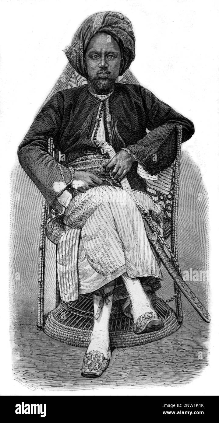 Portrait du gouverneur Afar Dini Ahmed Abou Baker qui a signé un traité avec la France en 1862 cession de terres autour d'Ostock, Djibouti, à la France. Gravure ancienne ou illustration 1862 Banque D'Images