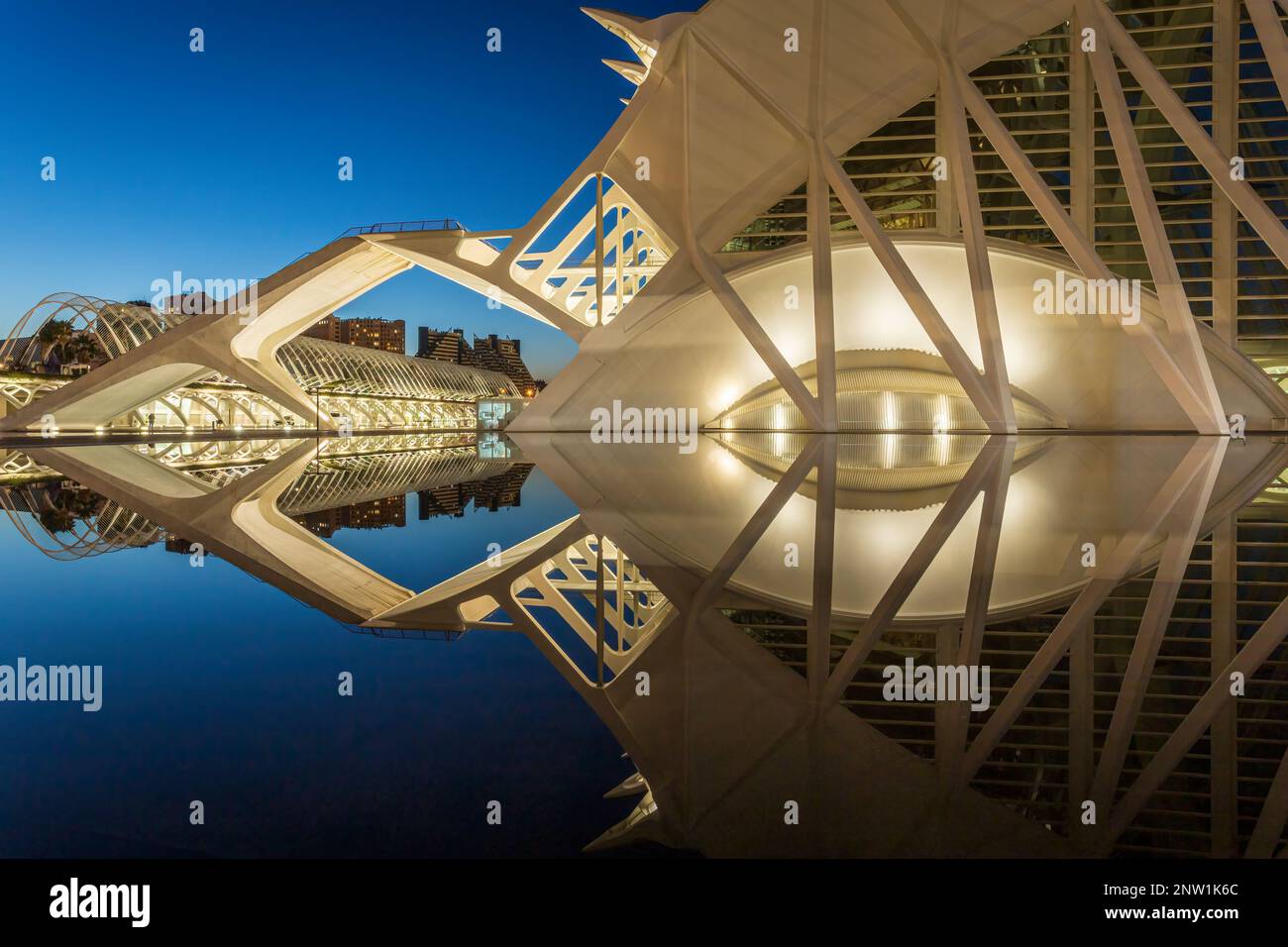 Le musée des Sciences principe Felipe, bâtiment latéral, se reflète dans l'eau. La photo a été prise le 10th février 2023 à la City of Arts and Sciences com Banque D'Images