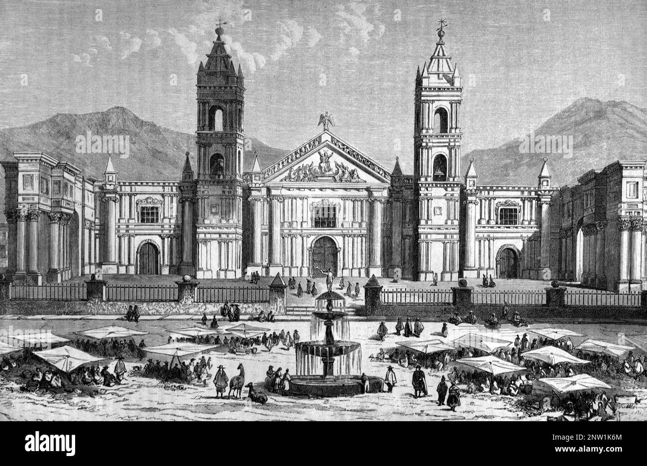 Basilique Cathédrale d'Arequipa (F. 1540) sur la place principale, ou Plaza de Armas, Arequipa Pérou. Gravure ancienne ou illustration 1862 Banque D'Images