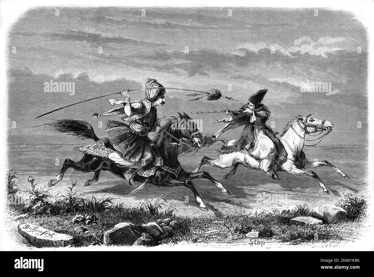 Perse ou iranien Horseman et kurde Horse Rider joutant pendant la chasse, la confrontation ou la guerre de Cavalry Perse ou Iran Moyen-Orient. Gravure ancienne ou illustration 1862 Banque D'Images