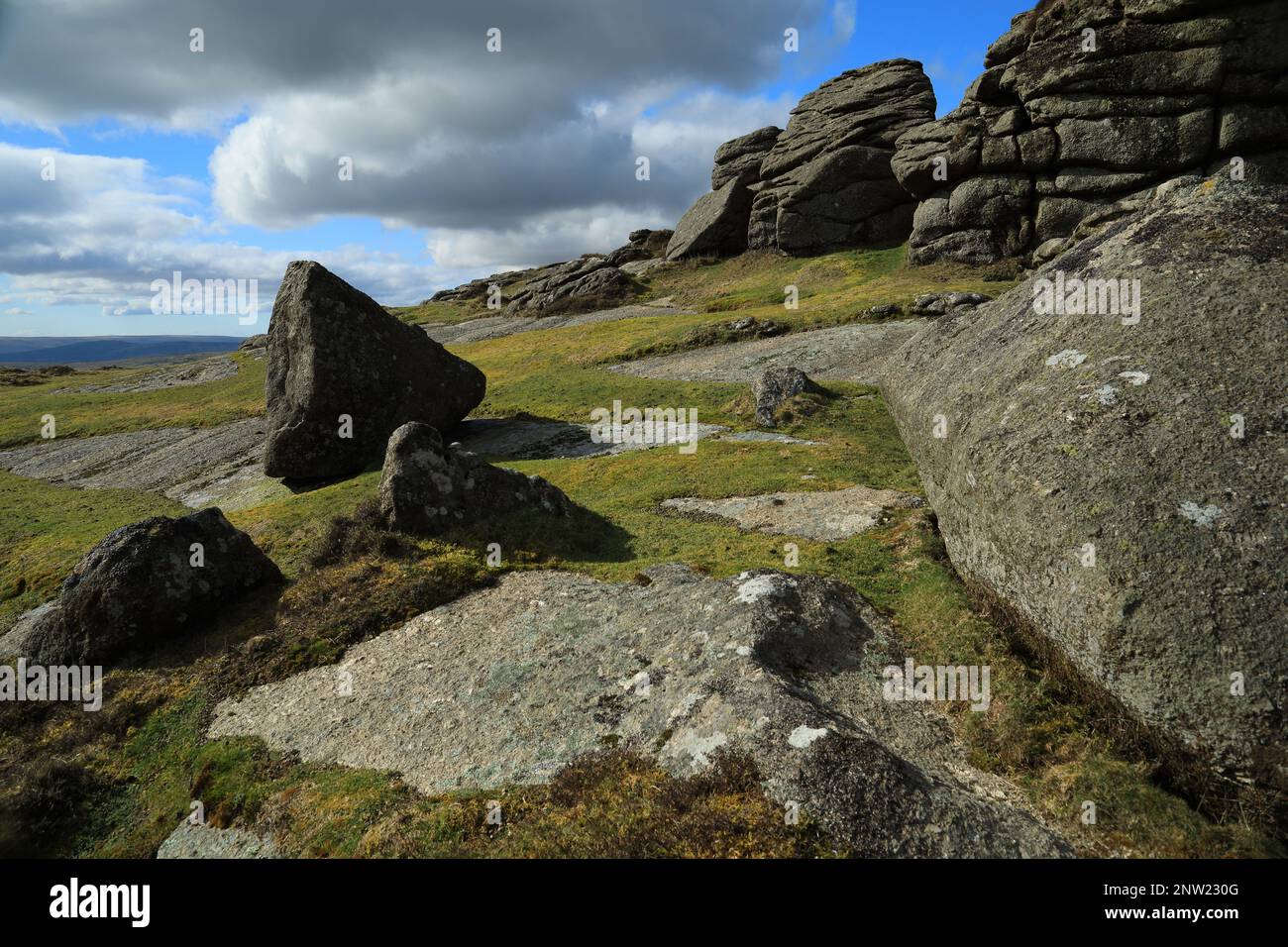 Vue printanière de Honeybag tor, Dartmoor, Devon, Angleterre, Royaume-Uni Banque D'Images