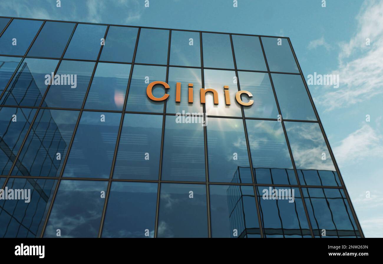 Concept de bâtiment de verre de clinique. Symbole du centre médical et de soins médicaux sur la façade avant 3D illustration. Banque D'Images