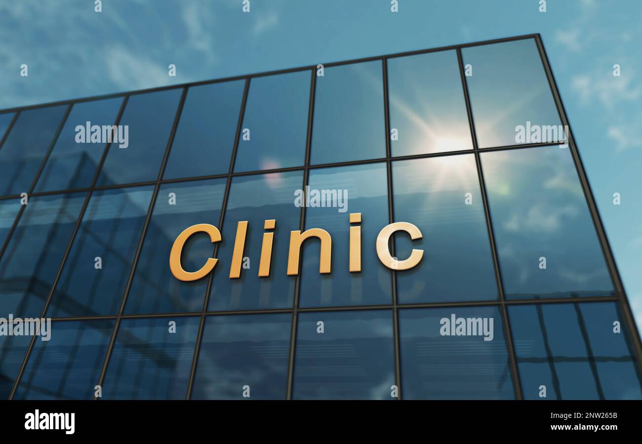 Concept de bâtiment de verre de clinique. Symbole du centre médical et de soins médicaux sur la façade avant 3D illustration. Banque D'Images