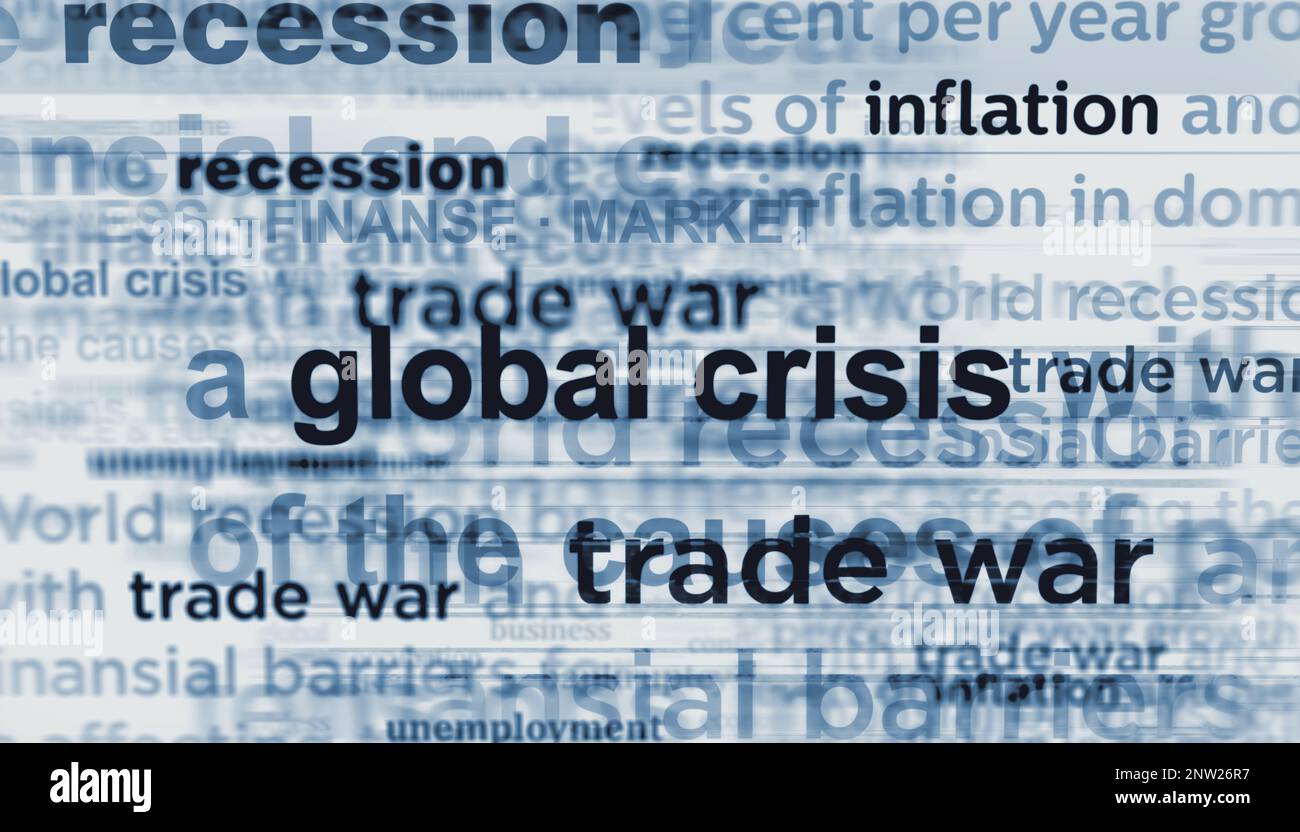 Crise mondiale inflation chômage commerce récession de guerre. Titre nouvelles titres médias internationaux résumé concept 3D illustration. Banque D'Images