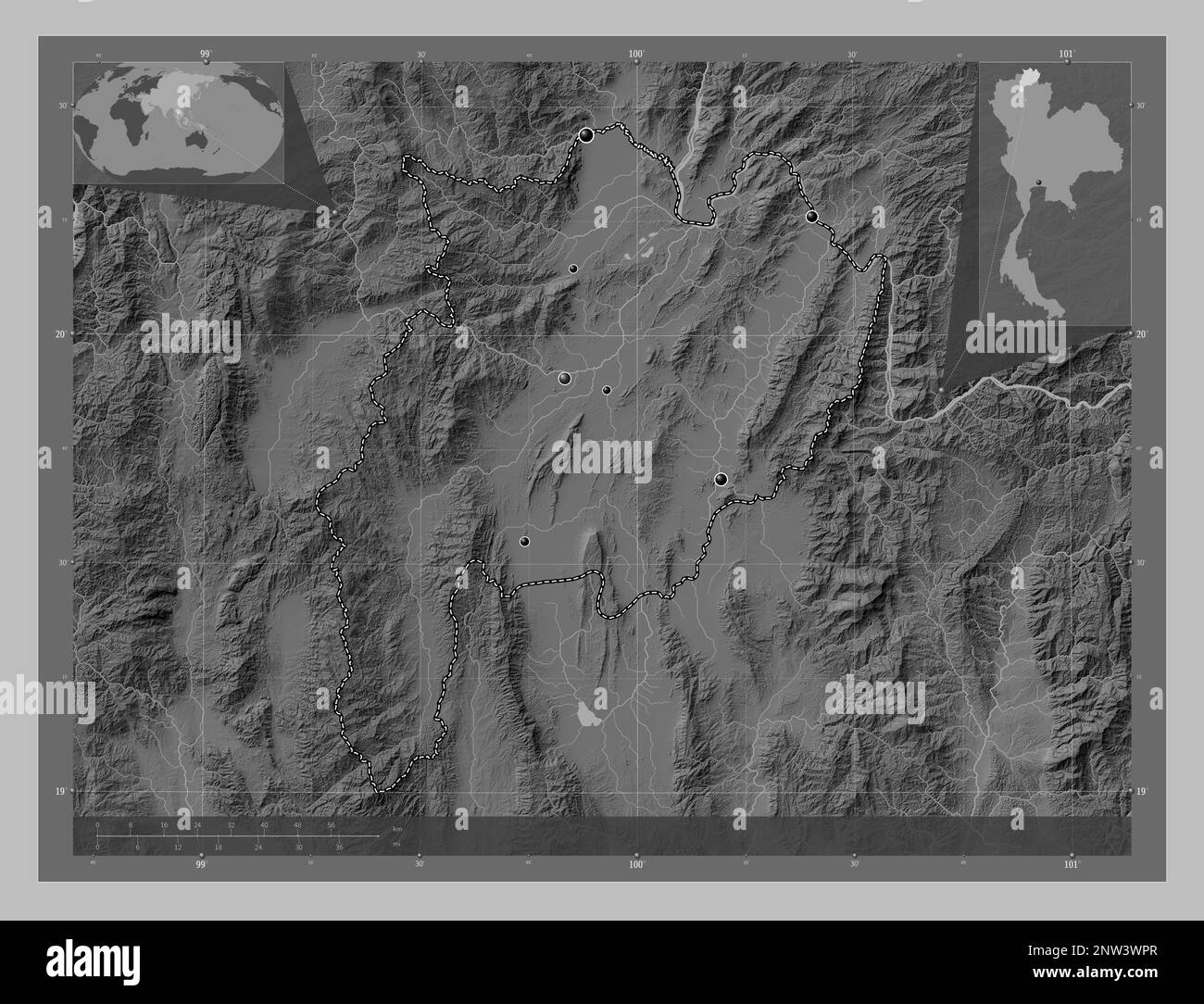 Chiang Rai, province de Thaïlande. Carte d'altitude en niveaux de gris avec lacs et rivières. Lieux des principales villes de la région. Emplacement auxiliaire d'angle ma Banque D'Images