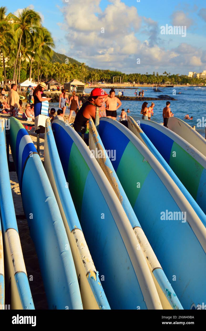 Les planches de surf sont alignées sur Waikiki Beach Banque D'Images