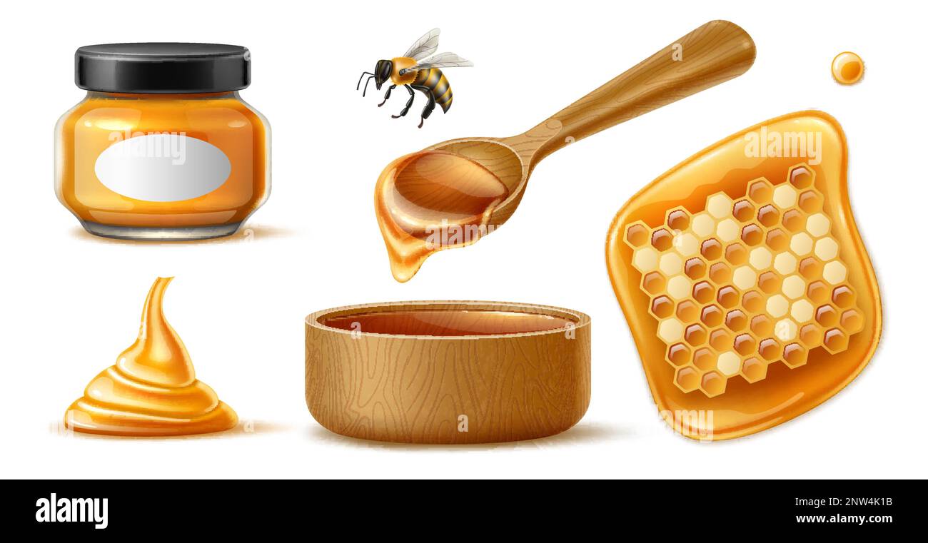 Miel réaliste. Produit sain sucré, bio-aliment naturel, nid d'abeille, abeille et pot avec étiquette noire, cuillère en bois, sirop floral translucide, 3D isolé Illustration de Vecteur