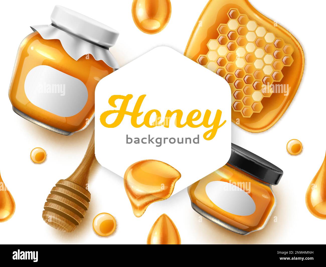 Illustration réaliste avec cadre en forme de miel. Produit d'abeille naturel sucré, emballage de conception de pots en verre, cuillère en bois, gouttes de sirop et nid d'abeille, étiquette du produit Illustration de Vecteur