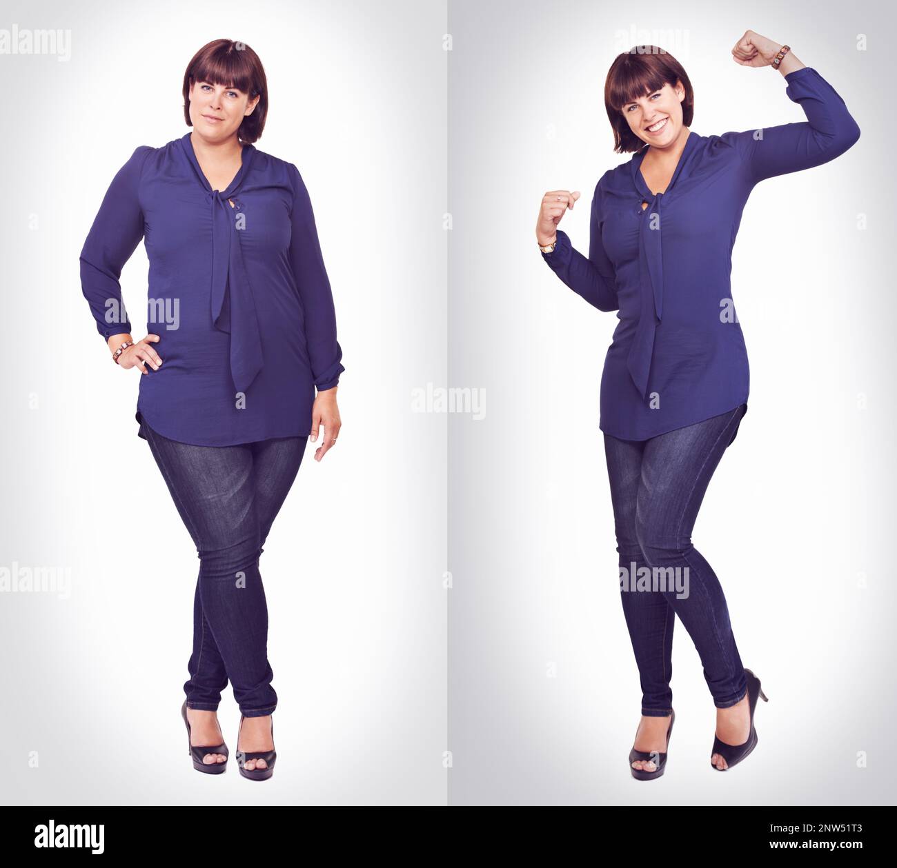 Elle a atteint son objectif. Portrait d'une jolie jeune femme avec sa main sur la hanche, debout sur un fond blanc. Banque D'Images