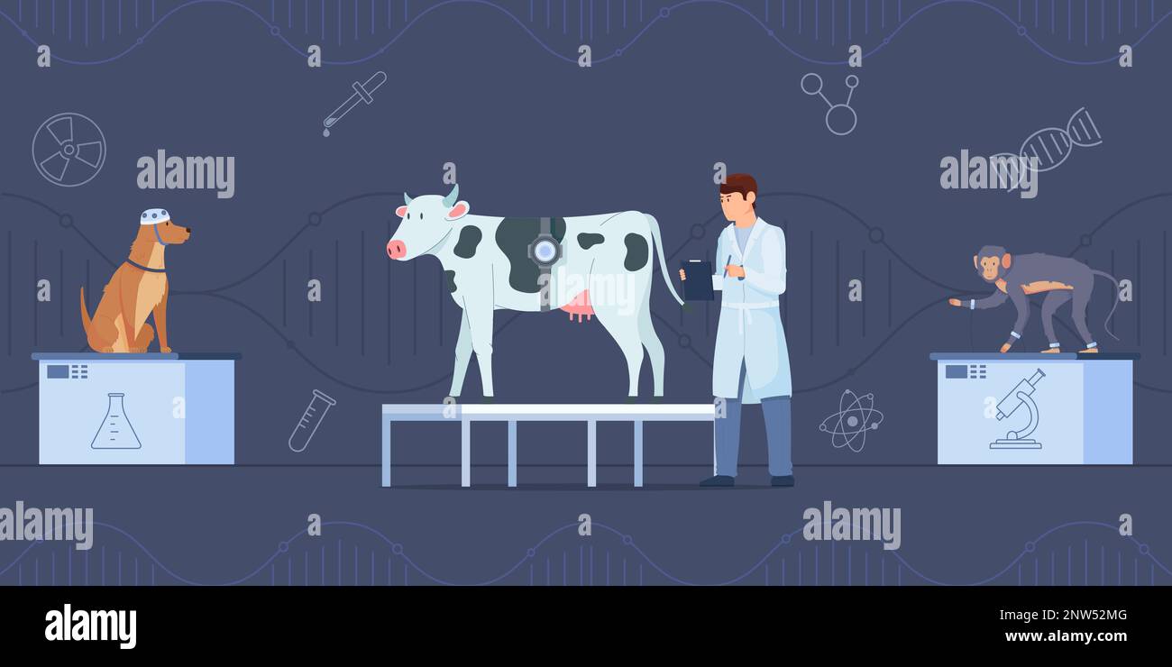 Expériences animales résumé fond avec des symboles d'essais en laboratoire illustration vectorielle plate Illustration de Vecteur