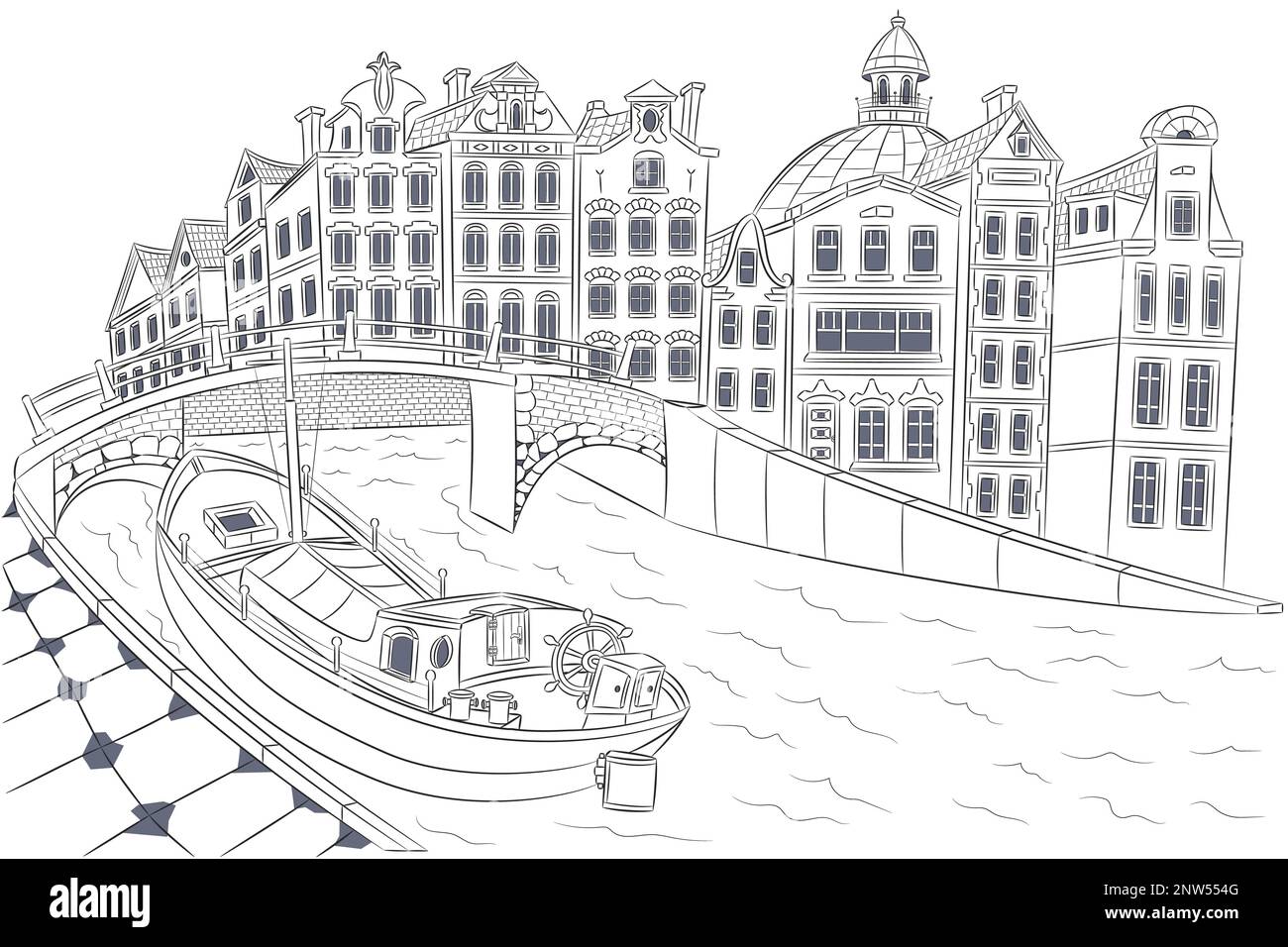 Dessin noir et blanc de maisons traditionnelles, d'un pont et d'une barge près du remblai. Amsterdam. Pays-Bas. Illustration vectorielle. Illustration de Vecteur