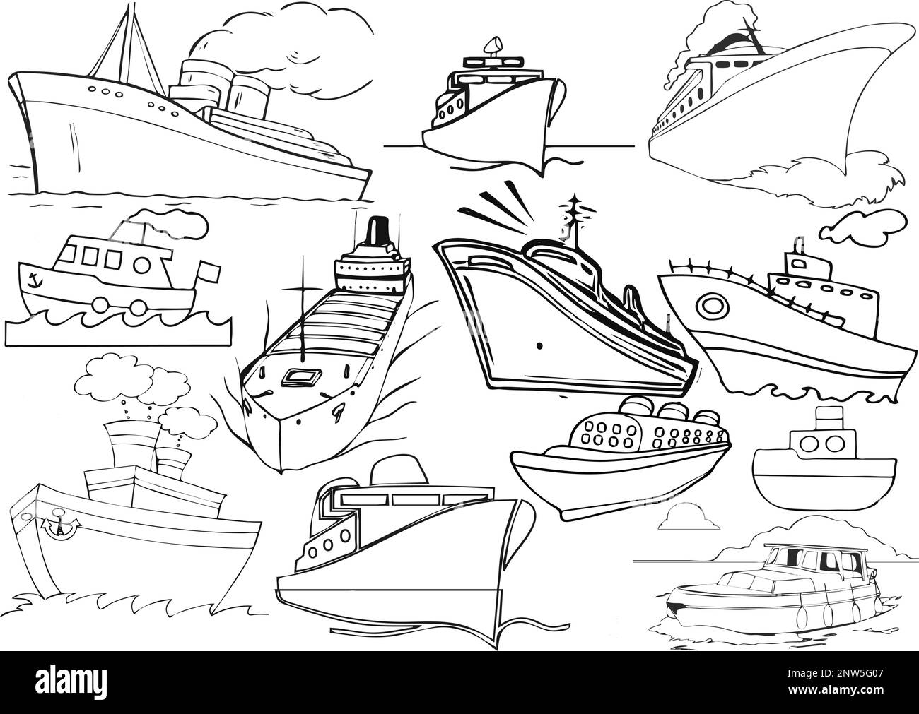 Navires et bateaux marins avec silhouette vector icônes d'un paquebot de croisière voilier container navire tanker cargo ancre Illustration de Vecteur