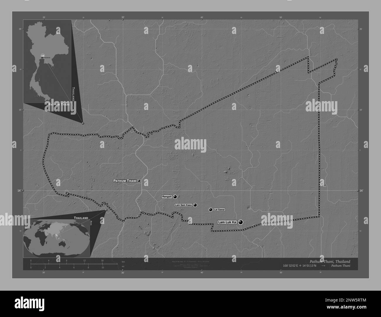 Pathum Thani, province de Thaïlande. Carte d'altitude à deux niveaux avec lacs et rivières. Lieux et noms des principales villes de la région. Angle auxiliaire l Banque D'Images