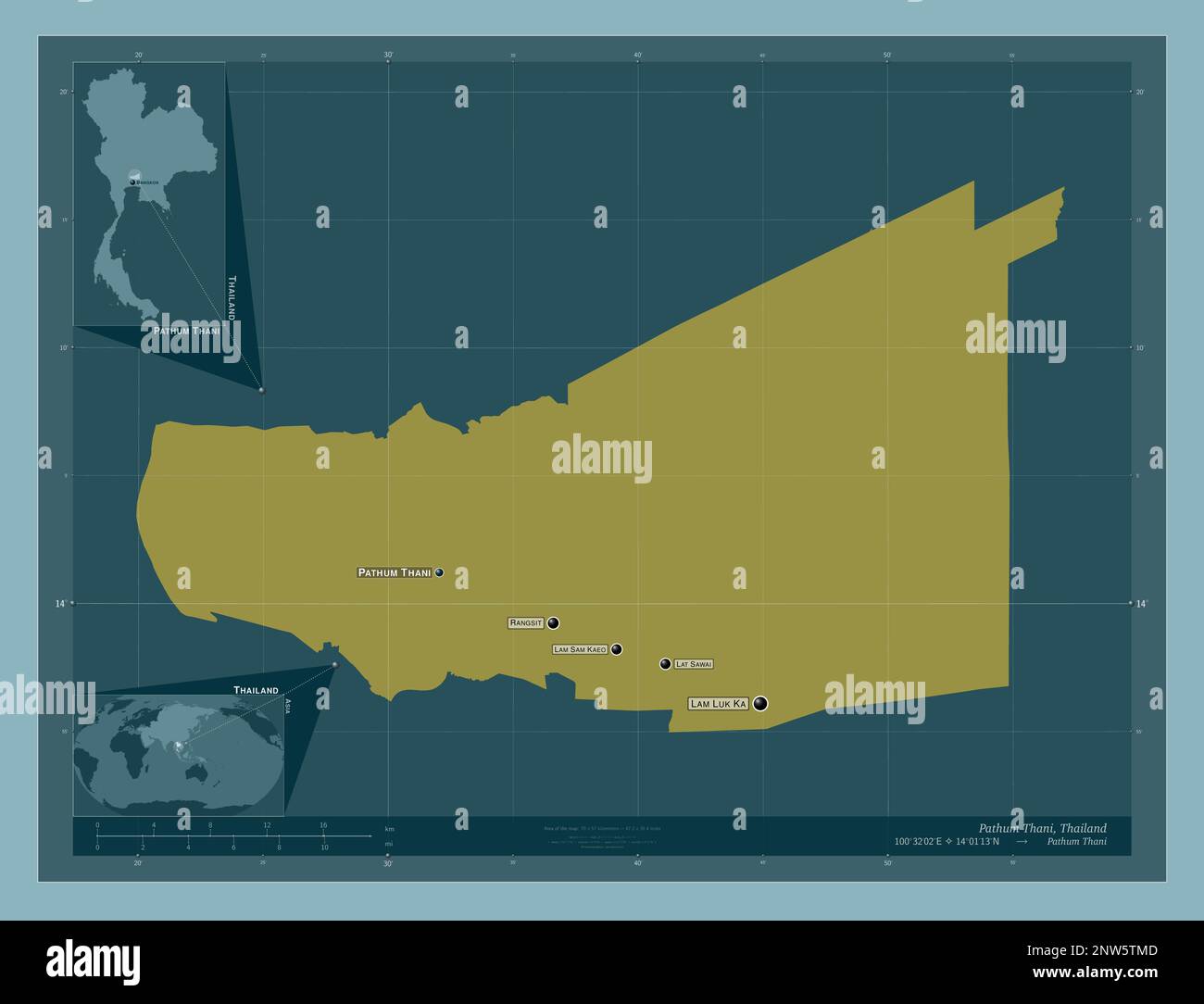 Pathum Thani, province de Thaïlande. Forme de couleur unie. Lieux et noms des principales villes de la région. Cartes d'emplacement auxiliaire d'angle Banque D'Images