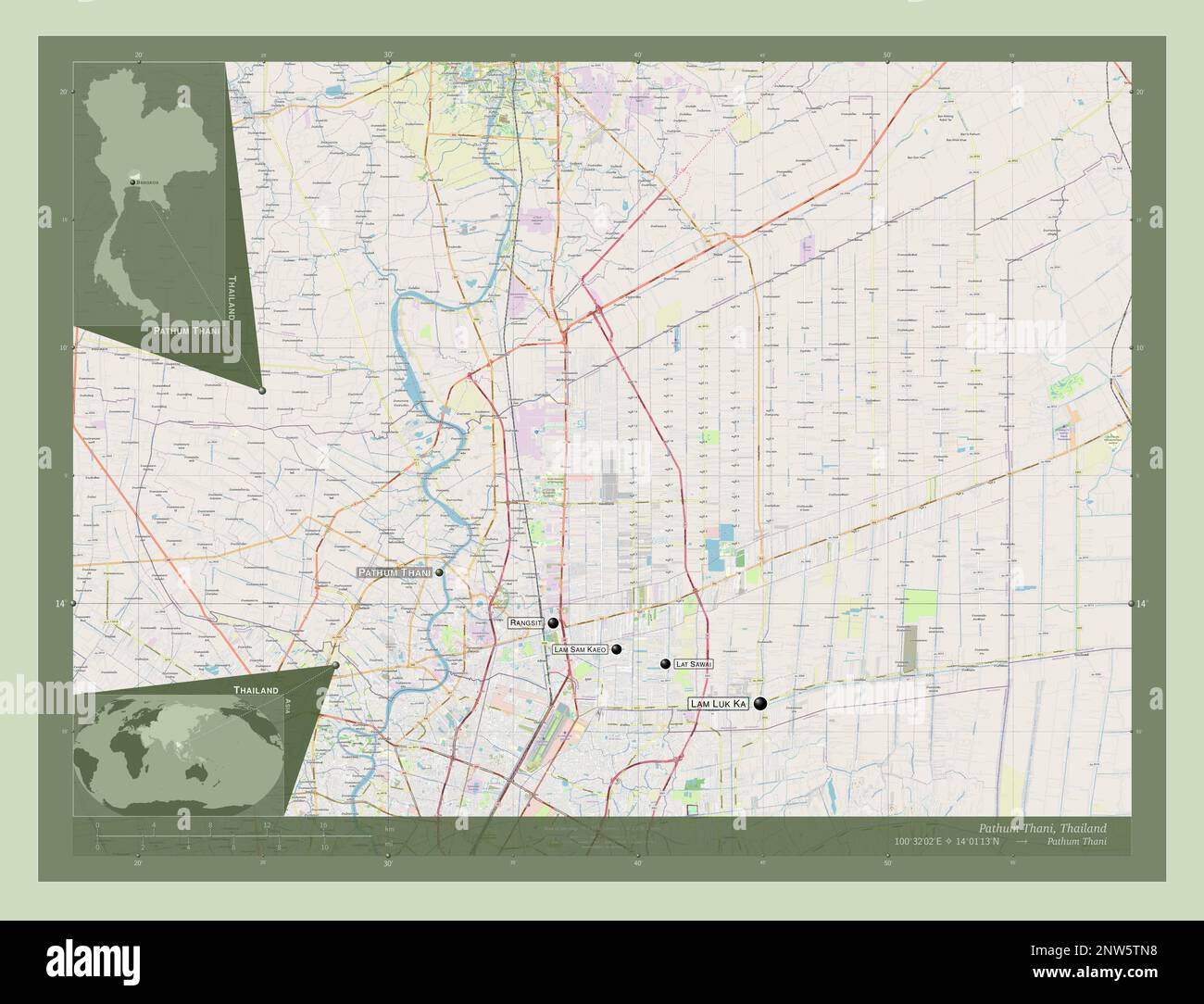 Pathum Thani, province de Thaïlande. Ouvrez la carte des rues. Lieux et noms des principales villes de la région. Cartes d'emplacement auxiliaire d'angle Banque D'Images