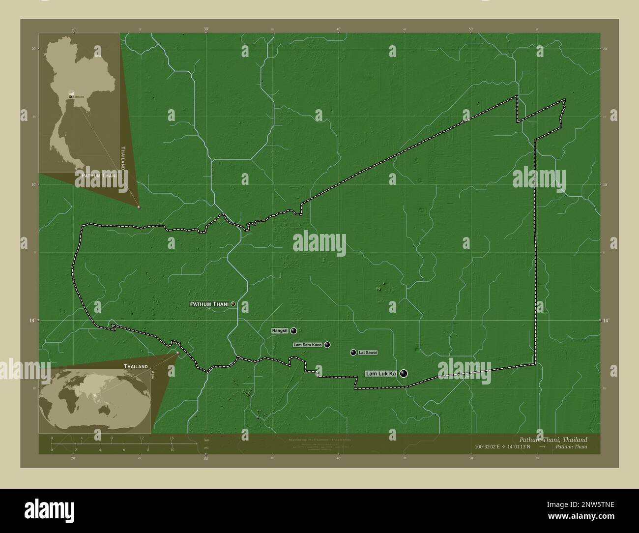 Pathum Thani, province de Thaïlande. Carte d'altitude colorée en style wiki avec lacs et rivières. Lieux et noms des principales villes de la région. Maïs Banque D'Images